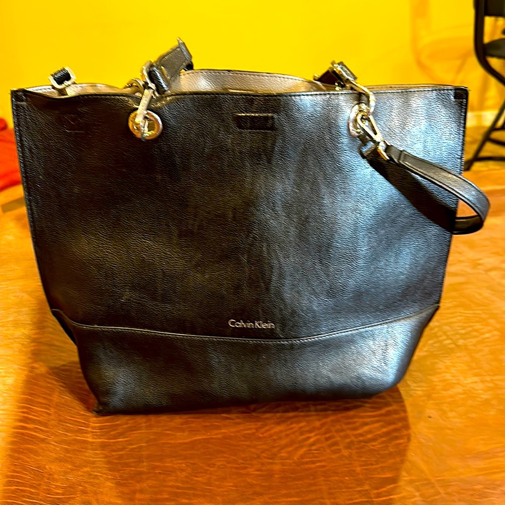 Calvin Klein black and silver leather tote bag